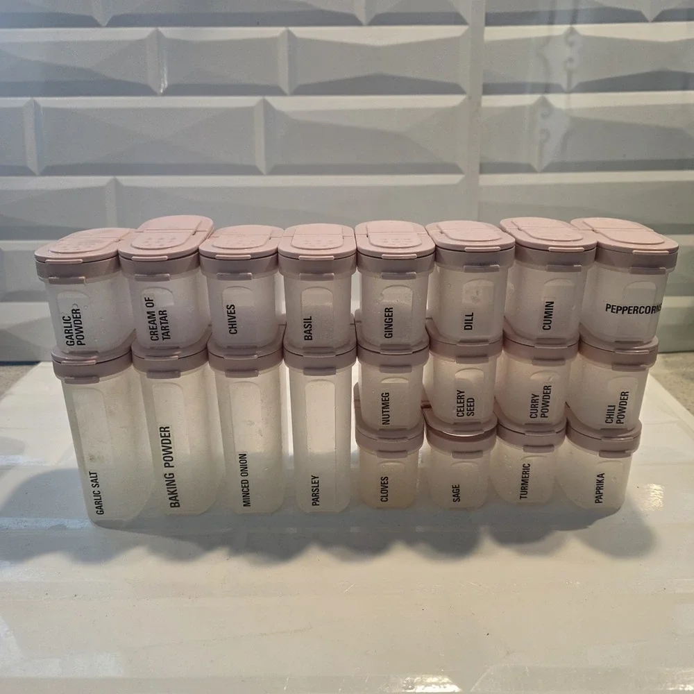 Vtg Set 20 Tupperware Modular Mates Spice Shaker Containers Pink Flip Top Lids